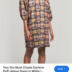 YMC Oversize Balloon Dress Sz 8UK 4US S Plaid Patchwork Soft Puff Sleeves Casual