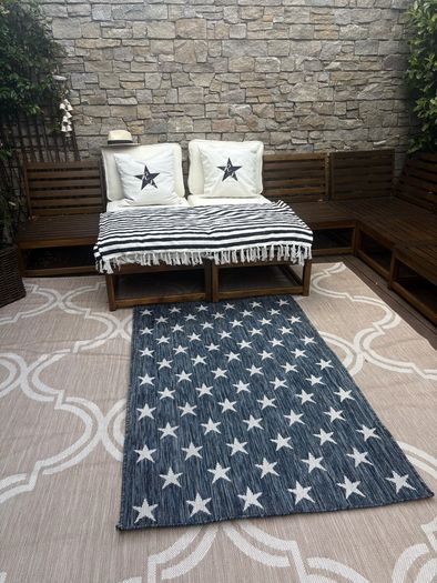 Ex display 100cm x 158cm distressed french navy and off white outdoor/indoor star rug