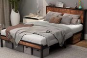 Double Bed Frame with Wooden Storage Shelf Headboard,No Box Spring Needed Metal Platform Bed Frame Double ,Noise Free,Reinforced Strong Support Leg,Textured Black&amp;Brown Oak