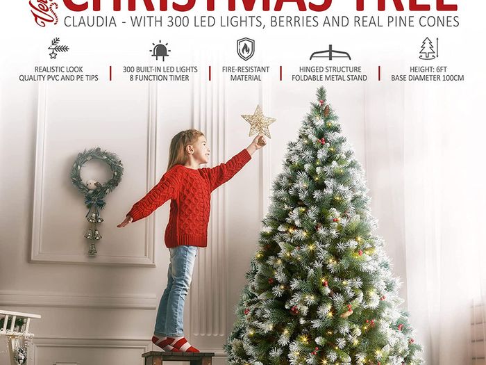 _6FT Claudia Pre Lit Christmas Tree with 300LED Lights with Timer, 8 Light Modes, Decorative Pinecones and Berries