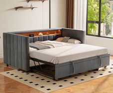 Velvet Sofa Bed 90 x 190 cm with Pull-Out Bed, USB-C Connection, LED Lighting & Storage Space - Modern Day Bed for Living Room, Guest Room & Teenager's Room (Dark Grey1)