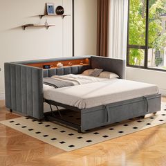 Velvet Sofa Bed 90 x 190 cm with Pull-Out Bed, USB-C Connection, LED Lighting & Storage Space - Modern Day Bed for Living Room, Guest Room & Teenager's Room (Dark Grey1)