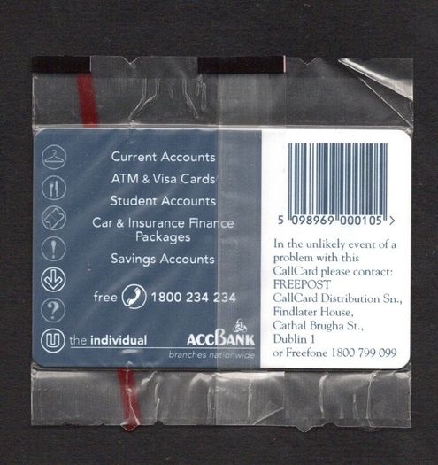 1995 Ireland 10 unit ACC Bank (Schlumberger SC7) Call Card Mintin Packaging. Telecom Eireann card number 1097