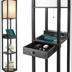 Shelf Floor Lamp with Drawer, 2 USB-C Ports, LED Column Modern Floor Lamp with USB & Type C Port, 3 Color Temperature, Storage Display Wood Standing Lamp for Living Room, Bedroom, Office(Black)