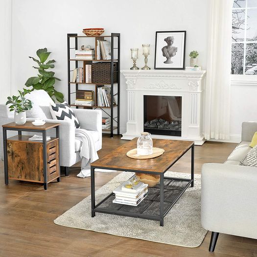 _Side table, side cabinet with shelf and adjustable shelf level, living room, bedroom, study, office, 30 x 50 x 60 cm, metal, industrial design, vintage, dark brown