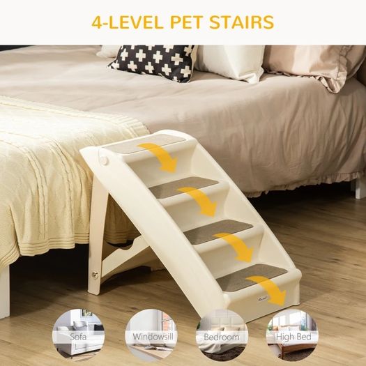 Foldable Four-Step Pet Stairs, for Cats, Small Miniature Dogs, with Non-Slip Mats 62 x 38 x 49.5cm Beige