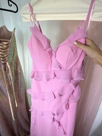 Peach Pink Ruffle Strap Long Gown