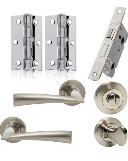 Internal Door Handle Set with Lock Complete Door Pack with Hings , Thumb Turn & Fixings Privacy Turn & Release (Phantom, Polished Chrome)