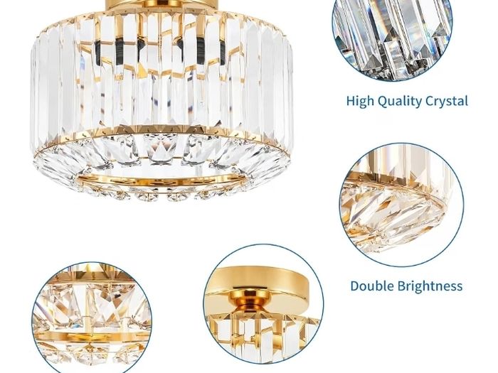 Gold Crystal Ceiling Lights,Modern Semi Flush Mount Fittings Ceiling Lamp Fixture,Hallway Ceiling Lights,Dia 26.5cm Crystal Chandelier for Living Room Dining Room Kitchen Bathroom (E27 Base)