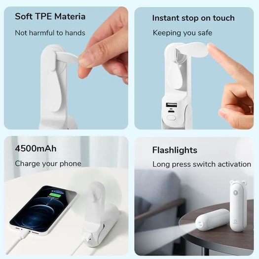 Mini Handheld Fan with flashlight and power bank