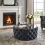 Velvet Button-Tufted Round Coffee Table with Tinted Glass Top Diameter: 80 cm Image 6