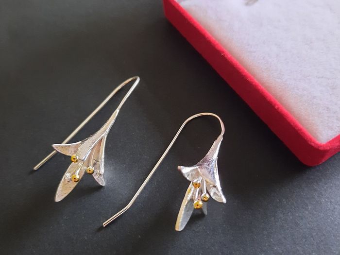 Fuchsia Flower Earrings Silver and Gold Tone Floral Drops Dangle Earrings