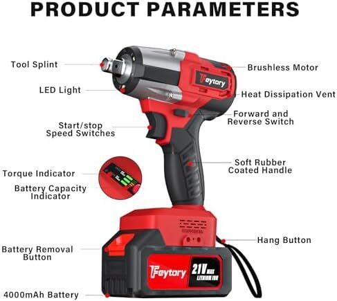Cordless Impact Wrench,1/2" Brushless Power Impact Gun,2500RPM Electric Wrench, Max Torque 550N.m with 4 Sockets, 12PCS Screwdriver Bits, 4.0Ah Battery & Carry Box for Car Home