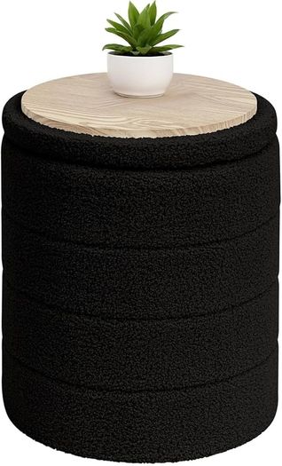 Boucle Ottoman Storage, Foot Rest Stool Seat, Folding Footstool for Living Room, Sherpa Ottoman for Bedroom, Black, 37x37x45 cm