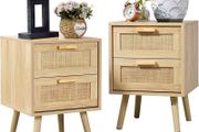 Side Table with 2 Hand Made Rattan Decorated Drawers, Night Stand Set 2, Wood Nigntstand, End Table with Storage for Bedroom, Natural, 2 Pack
