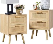 Side Table with 2 Hand Made Rattan Decorated Drawers, Night Stand Set 2, Wood Nigntstand, End Table with Storage for Bedroom, Natural, 2 Pack