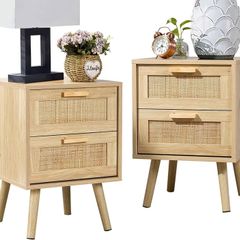 Side Table with 2 Hand Made Rattan Decorated Drawers, Night Stand Set 2, Wood Nigntstand, End Table with Storage for Bedroom, Natural, 2 Pack