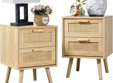 Side Table with 2 Hand Made Rattan Decorated Drawers, Night Stand Set 2, Wood Nigntstand, End Table with Storage for Bedroom, Natural, 2 Pack