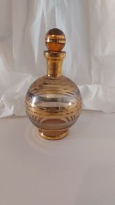 Fabulous Vintage Retro Mid-Century-Modern Small Pale Pink Glass Decanter with Gold and Silver Gilt Banding in a Lovely Spherical Shape, Irice, Czechoslovakia