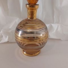 Fabulous Vintage Retro Mid-Century-Modern Small Pale Pink Glass Decanter with Gold and Silver Gilt Banding in a Lovely Spherical Shape, Irice, Czechoslovakia
