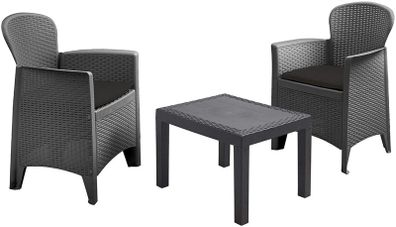 Rattan garden furniture set anthracite - 2 armchairs with upholstery + garden table - balcony set seating group rattan set