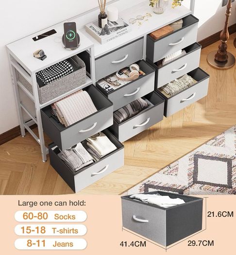 Chest of Drawers Bedroom, 8 Fabric Drawers, Light Grey, 30x132x88cm