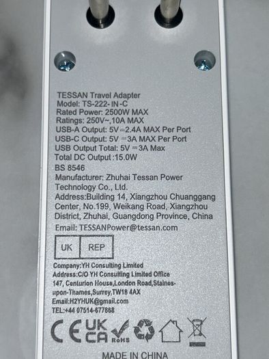Brand -new Tessan Double Travel Adapter UK to India Type D Plug with 3 USB (1 USB C)