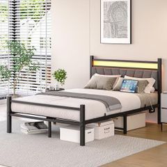 Double Bed Frame with Storage Headboard USB Charging Station