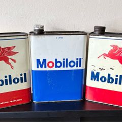 3 x Vintage Mobiloil 2L Oil Cans