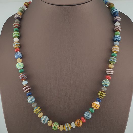 Antique Venetian Style MultiColor Stripe`Pattern Glass Beads Necklace