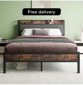 Double Bed Frames with Wooden Storage Headboard
