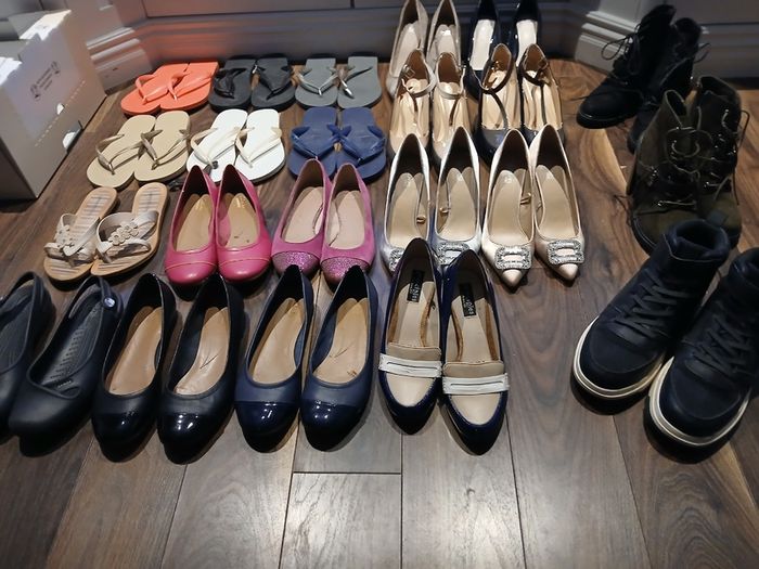 Full wardrobe of 22 pairs of size 5(38) shoes and boots, including Faith, Clarkes, Havianas, flip flops, Crocs, work shoes, court shoes, dressy shoes, high heel boots, and waterproof hiking boots. - LOW PRICE FOR QUICK SALE