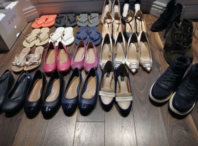 Full wardrobe of 22 pairs of size 5(38) shoes and boots, including Faith, Clarkes, Havianas, flip flops, Crocs, work shoes, court shoes, dressy shoes, high heel boots, and waterproof hiking boots. - LOW PRICE FOR QUICK SALE