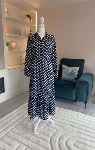 Ladies Black with Blue Polka Dot Long Dress from Primark. Size: Xs - UK 6-8 / EU 34-36