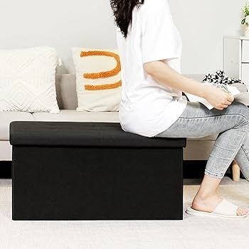 Large Folding Balck Ottoman Storage Box with Lid,Linen Footrest Stool Bedroom Bench Seats,Toy Box Chest Living Room Furniture 76x38x38cm