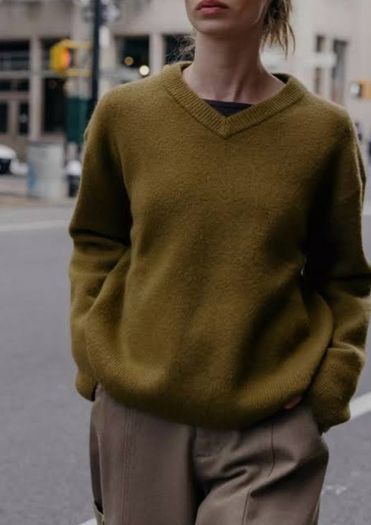 Zara Olive Green Oversized  V Neck Jumper  Size Large