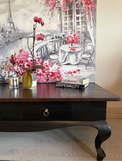 Hand-Restored Two Tone Satin Black Solid Wood Coffee Table
