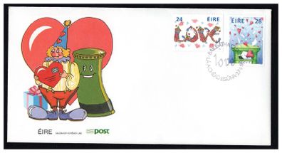 1988 Ireland Love Stamps (Love clowns & Pillar Box and hearts) Commemorative Stamps First Day Cover (FDC)