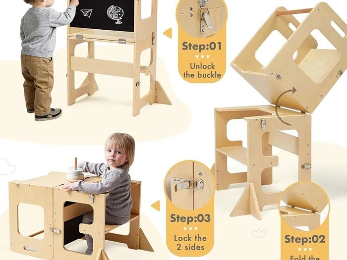 Learning Tower for Children, Foldable Montessori Learning Tower, 3 in 1 Learning Stool with Blackboard, Montessori Kitchen Helper Learning Tower from 18 Months (Wood)