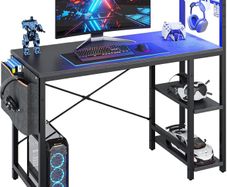 Bestier Computer Desk with Shelves Small Corner Desk with LED Lighting 113CM Reversible Computer Desk Writing Table with Side Pocket Storage Bag & Accessories Hanger for Home Office Small Space
