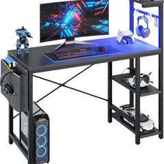 Bestier Computer Desk with Shelves Small Corner Desk with LED Lighting 113CM Reversible Computer Desk Writing Table with Side Pocket Storage Bag & Accessories Hanger for Home Office Small Space