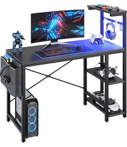 Bestier Computer Desk with Shelves Small Corner Desk with LED Lighting 113CM Reversible Computer Desk Writing Table with Side Pocket Storage Bag & Accessories Hanger for Home Office Small Space