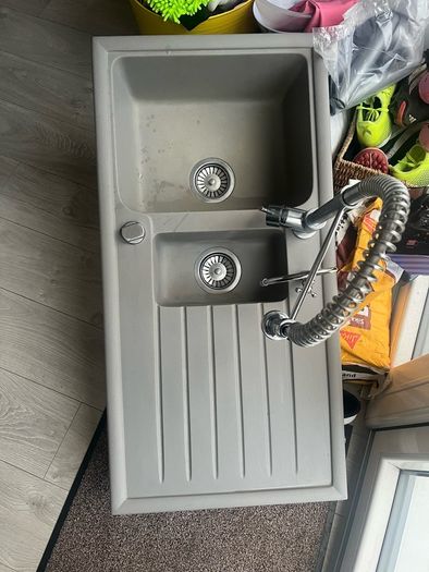 Grey Pyragranite Double Kitchen Sink with Taps