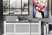 MDF Extendable Radiator Cover Cabinet - Shelving for Home Office, Slatted Design, White, Dimensions 139-208.5L x 20.5W x 82.5H cm