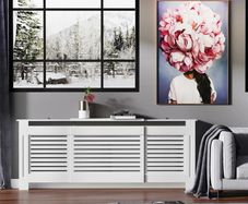 MDF Extendable Radiator Cover Cabinet - Shelving for Home Office, Slatted Design, White, Dimensions 139-208.5L x 20.5W x 82.5H cm