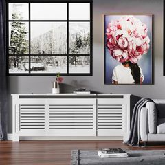 MDF Extendable Radiator Cover Cabinet - Shelving for Home Office, Slatted Design, White, Dimensions 139-208.5L x 20.5W x 82.5H cm