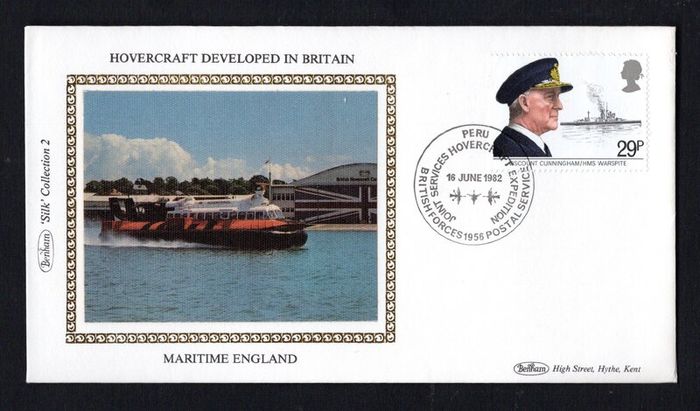 1982 Great Britain Benham Silke Cover showing Hovercraft Developed in Britain tying 29p Viscount Cunningham and H.M.S. Warspite commemorative stamp