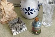 5 Different itmes -GPO Building 3D . 24. 00 euro,  Beautiful sand bottle 14.00 euro. Vintage French Lead Crystal Vase, Cristal d'Arques Small Flower Vase 25.00 euro. Small glazed pottery flower vase 18.00 euro.Vintage Pieta Virgin Mary Cradling Jesus Stat