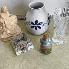 5 Different itmes -GPO Building 3D . 24. 00 euro,  Beautiful sand bottle 14.00 euro. Vintage French Lead Crystal Vase, Cristal d'Arques Small Flower Vase 25.00 euro. Small glazed pottery flower vase 18.00 euro.Vintage Pieta Virgin Mary Cradling Jesus Stat