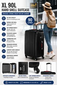 XL 90L Hard Shell Suitcase with 360deg  Spinner Wheels & Combination Lock